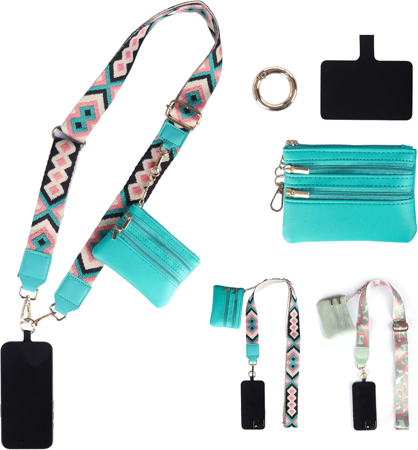 Cell Phone Lanyard with Wallet Pouch Pink Adjustable Crossbody Phone Strap Zippered Pouch for Easy Phone Access